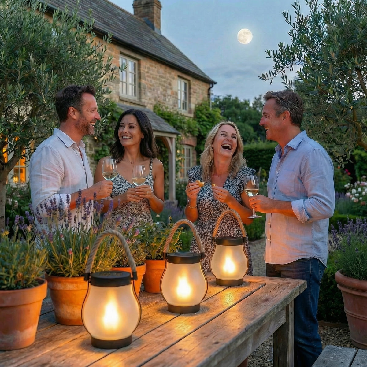 Flamméa™ | Lanterne Solaire, quatre personnes avec lanternes dans jardin